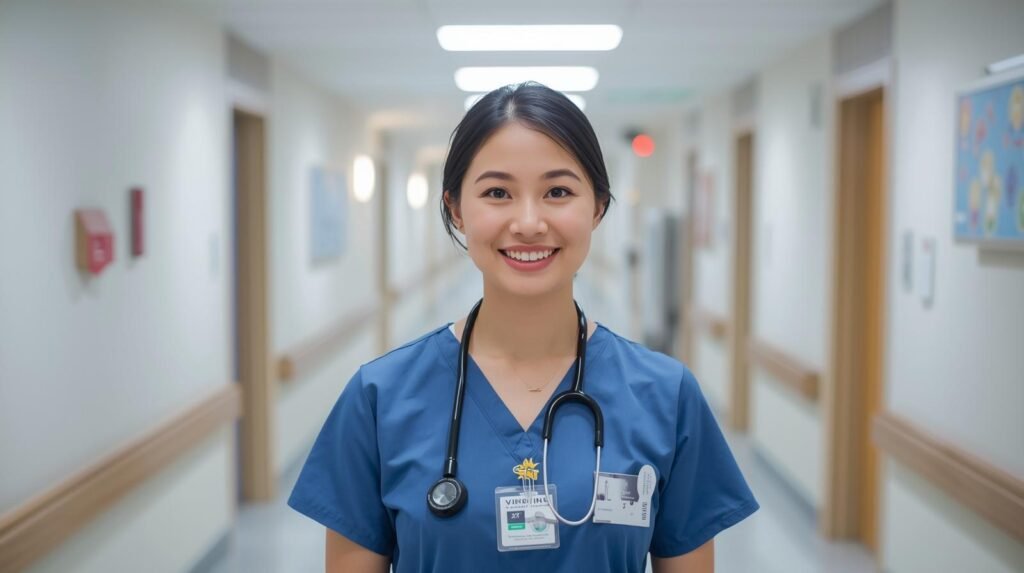 infirmière ou infirmier souriant dans un hôpital moderne au québec