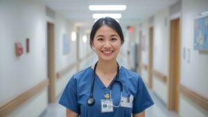 infirmière ou infirmier souriant dans un hôpital moderne au québec