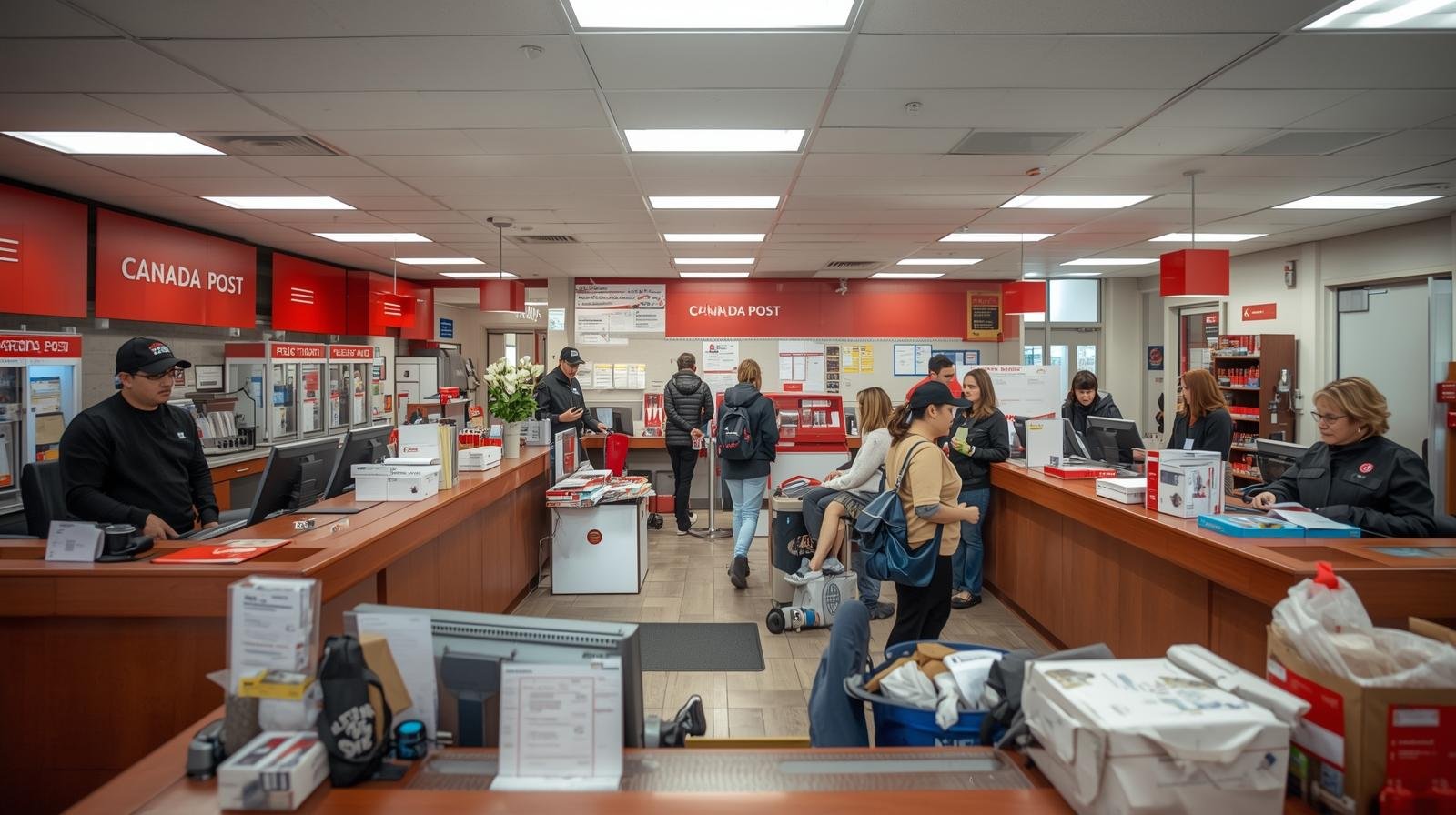 bureau de poste canada avec guichets d’accueil, clients déposant des lettres et des colis, affiches indiquant les services disponibles
