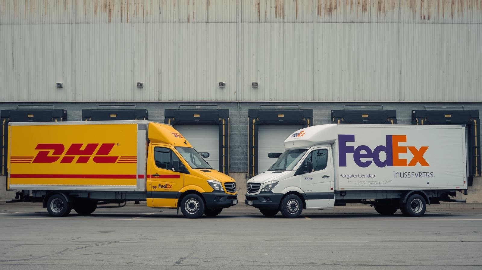camion dhl et camion fedex garés devant un entrepôt, illustrant la concurrence des services postaux privés au québec.