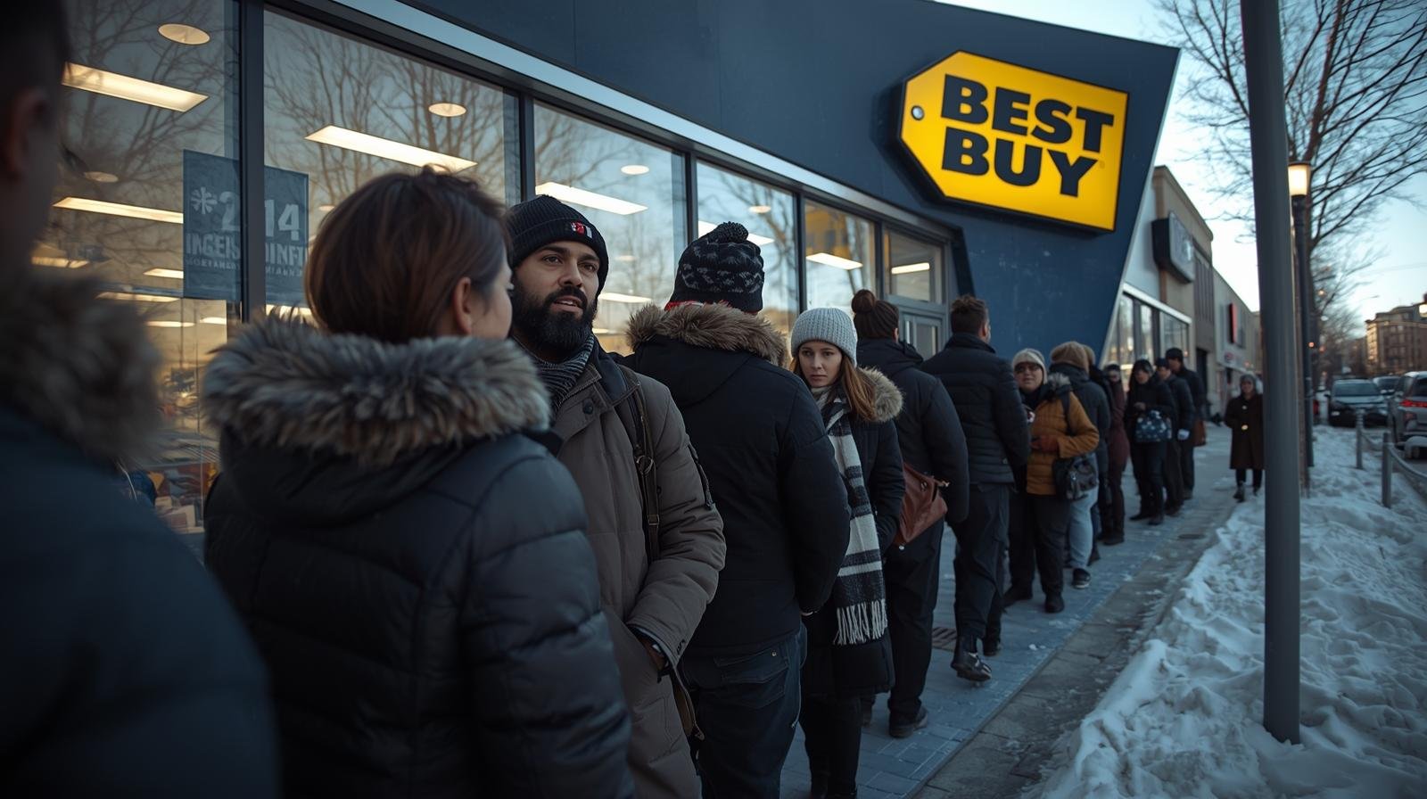 clients faisant la file devant un magasin best buy à montréal pour profiter des rabais du boxing day