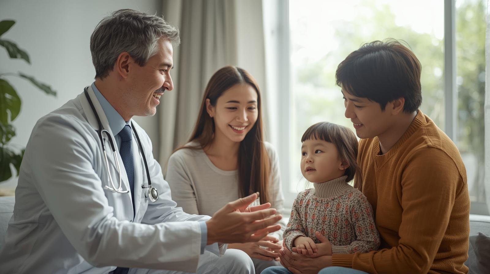 consultation chaleureuse entre un médecin et une famille avec enfant.
