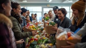 des bénévoles distribuent des paniers de nourriture à des familles dans un centre communautaire au québec.