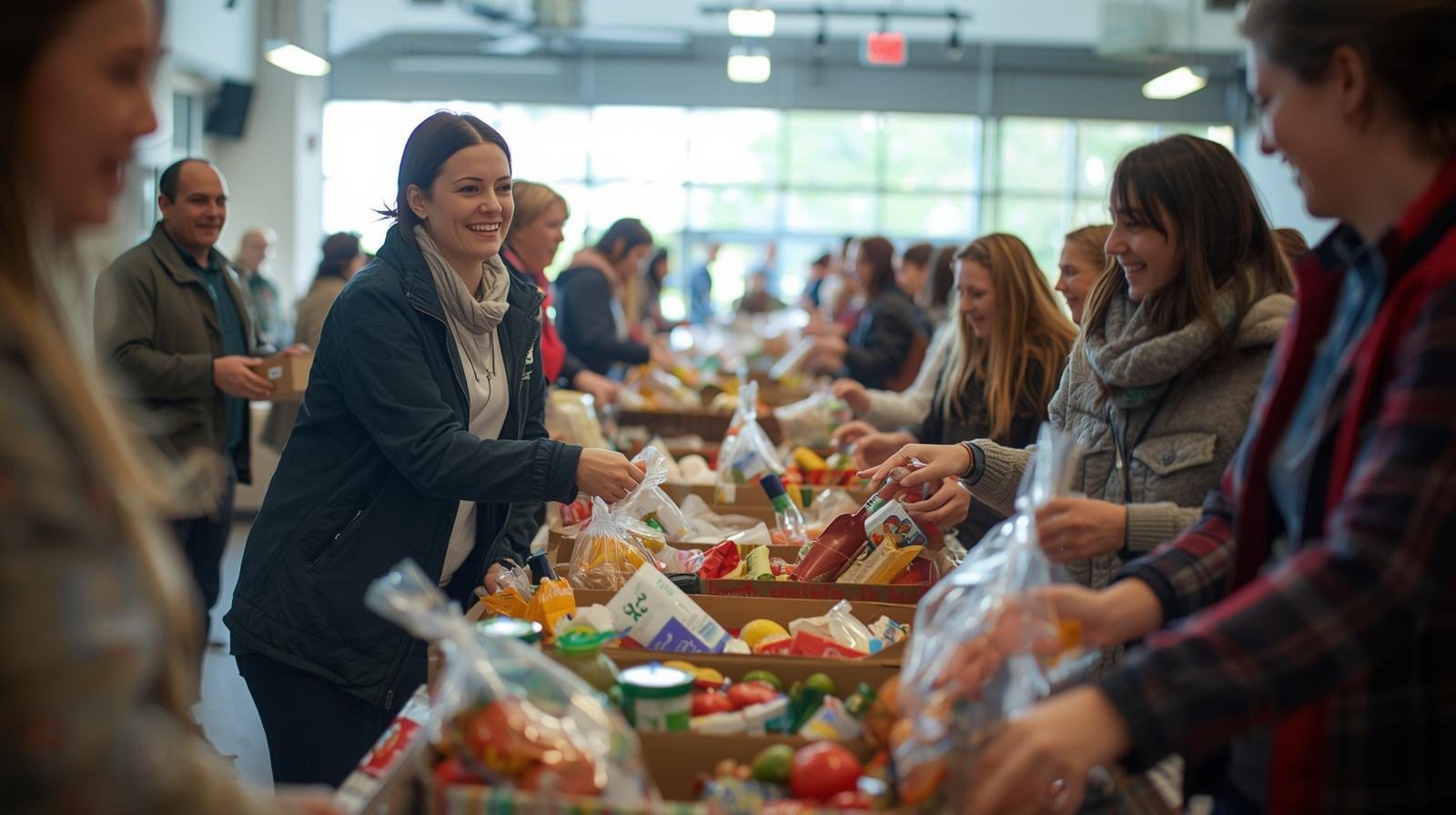  des bénévoles distribuent des paniers de nourriture à des familles dans un centre communautaire au québec. (1)
