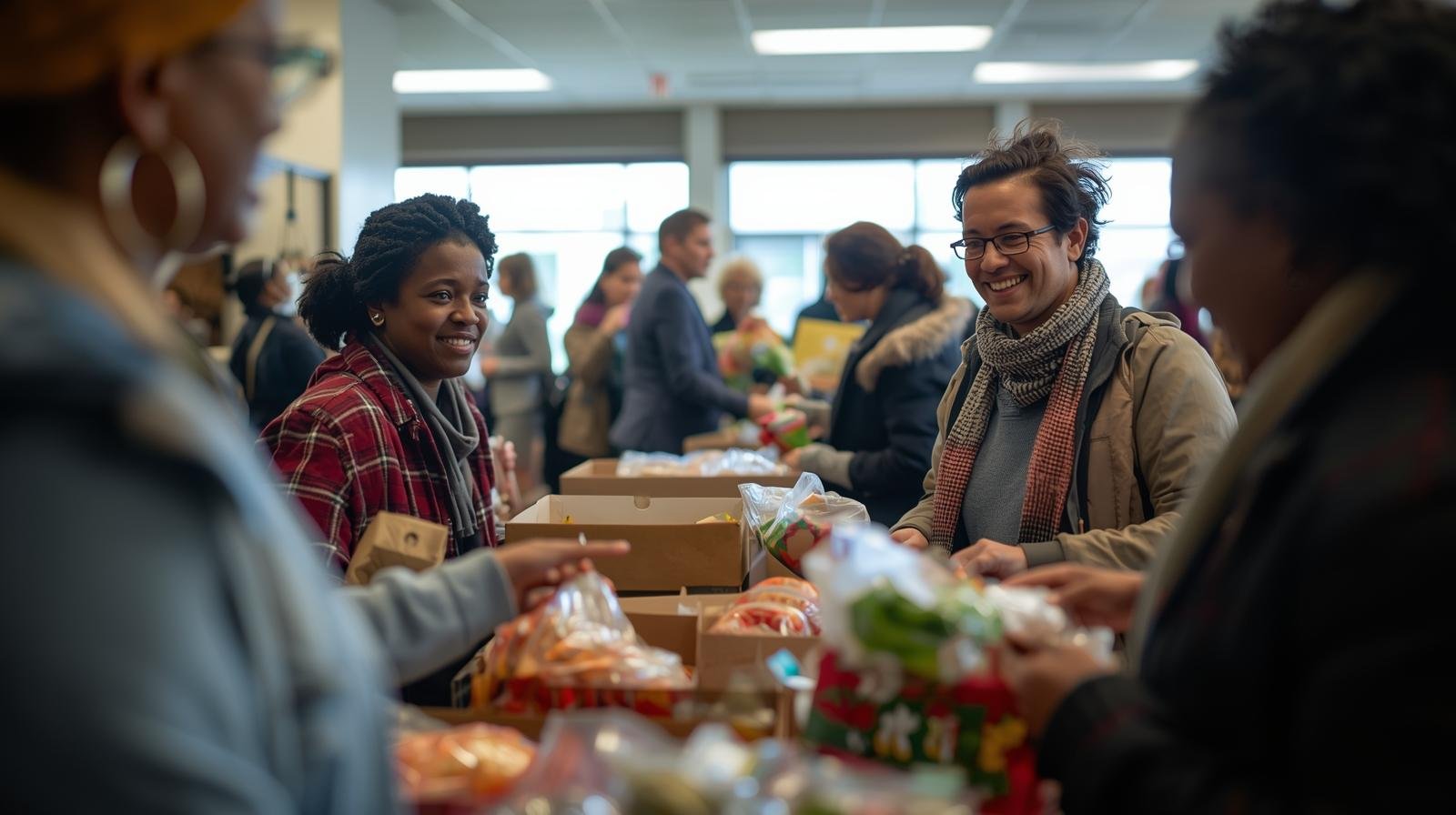  des bénévoles distribuent des paniers de nourriture à des familles dans un centre communautaire au québec. (2)