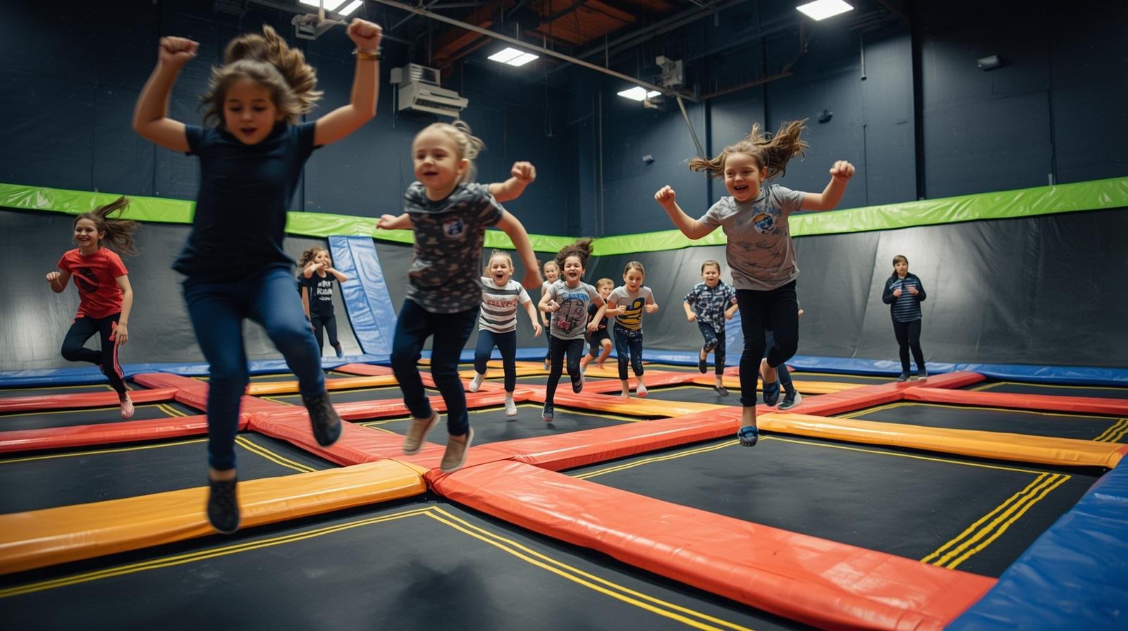 enfants s’amusant sur des trampolines géants dans un centre d’amusement intérieur au québec, activité ludique pour jours de pluie ou hiver rigoureux