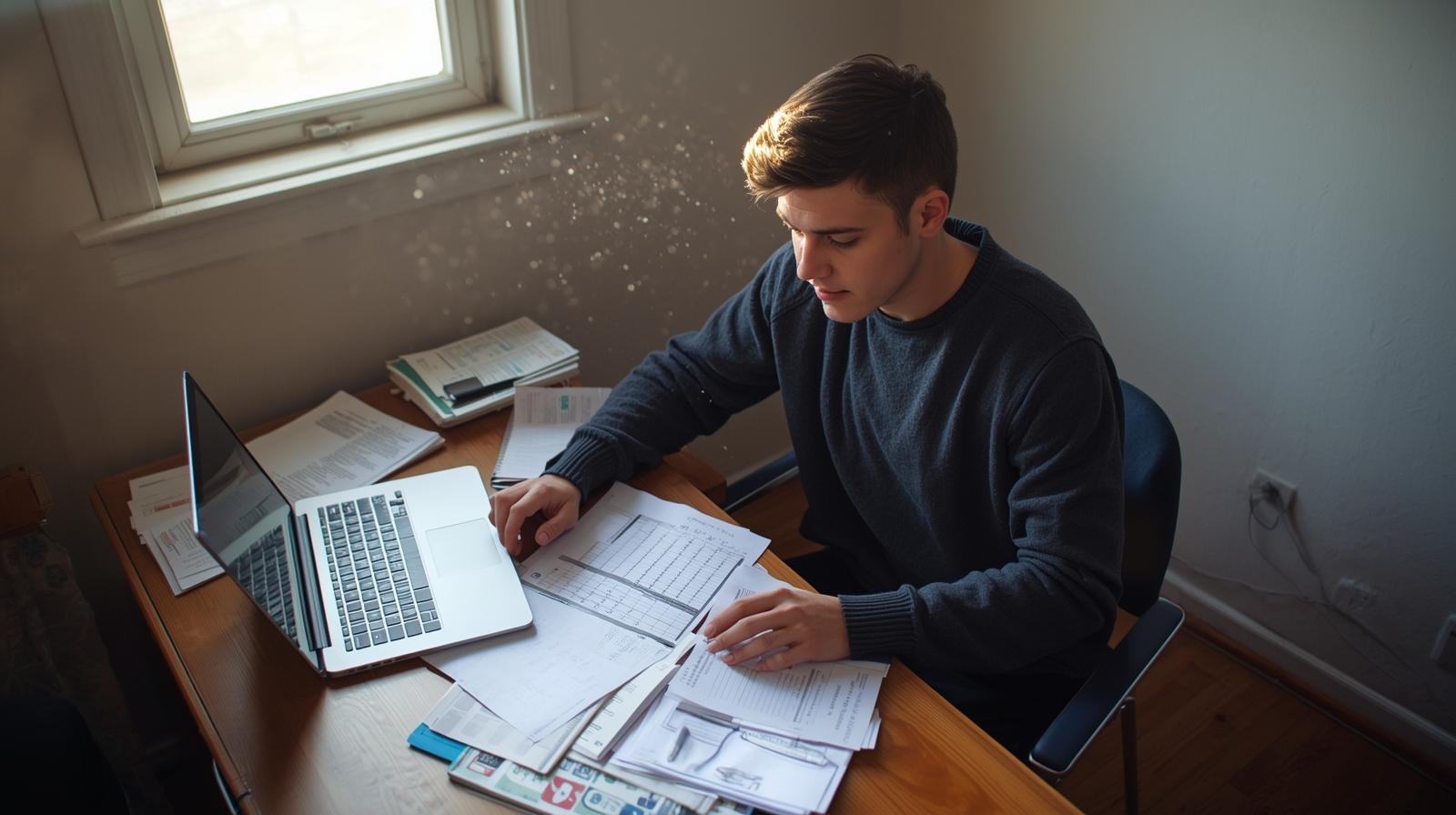 Étudiant québécois gérant son budget logement dans un appartement abordable, bénéficiant des aides financières.
