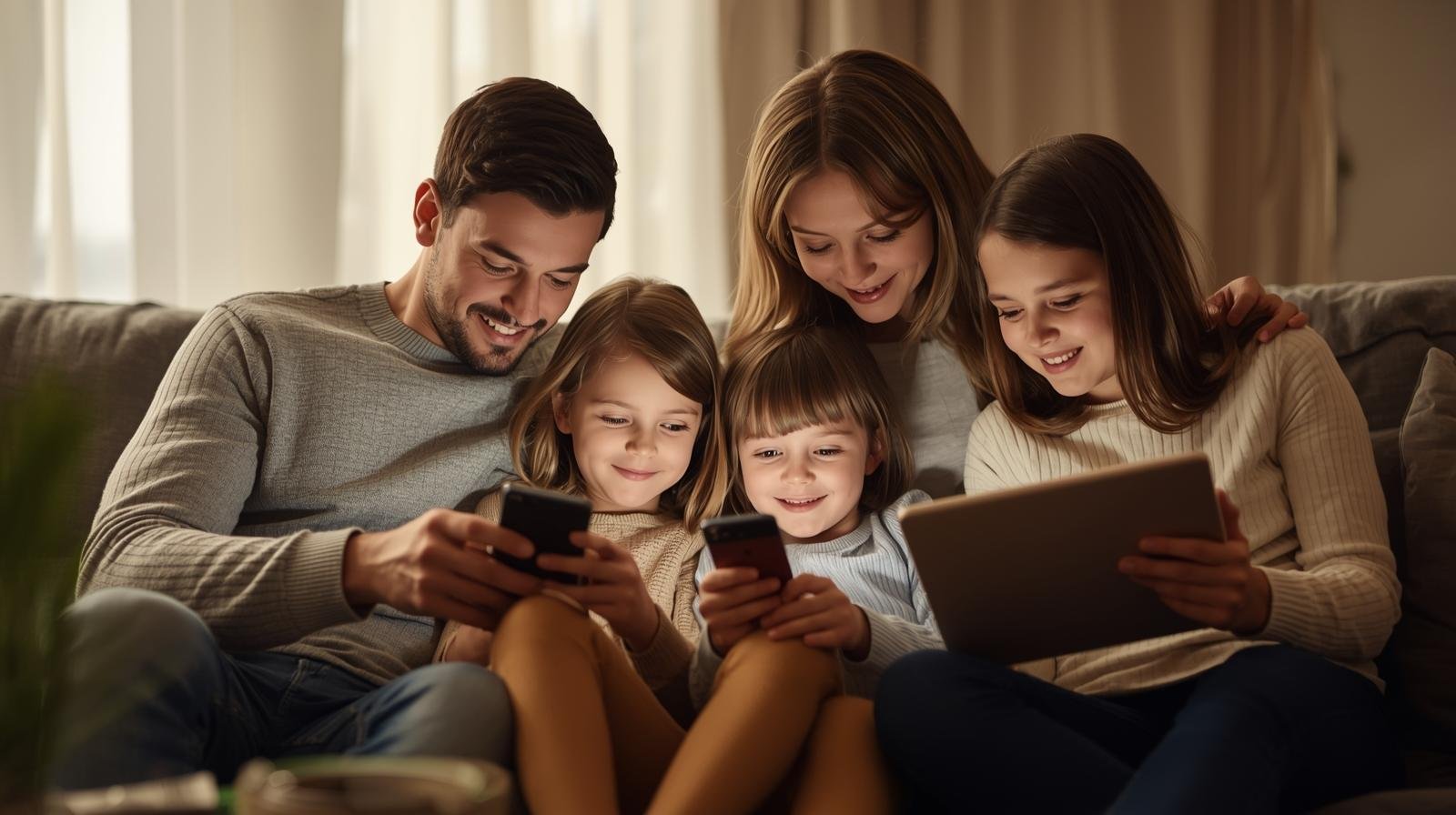famille de quatre personnes utilisant smartphones et tablettes à la maison, illustrant un forfait mobile familial au québec. (1)