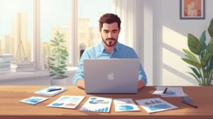 illustration d’un entrepreneur francophone au québec travaillant sur son ordinateur portable avec des documents financiers, représentant la définition et le fonctionnement d’une micro entreprise. (1)