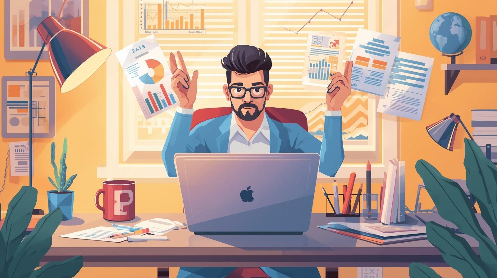 illustration d’un entrepreneur francophone au québec travaillant sur son ordinateur portable avec des documents financiers, représentant la définition et le fonctionnement d’une micro entreprise.