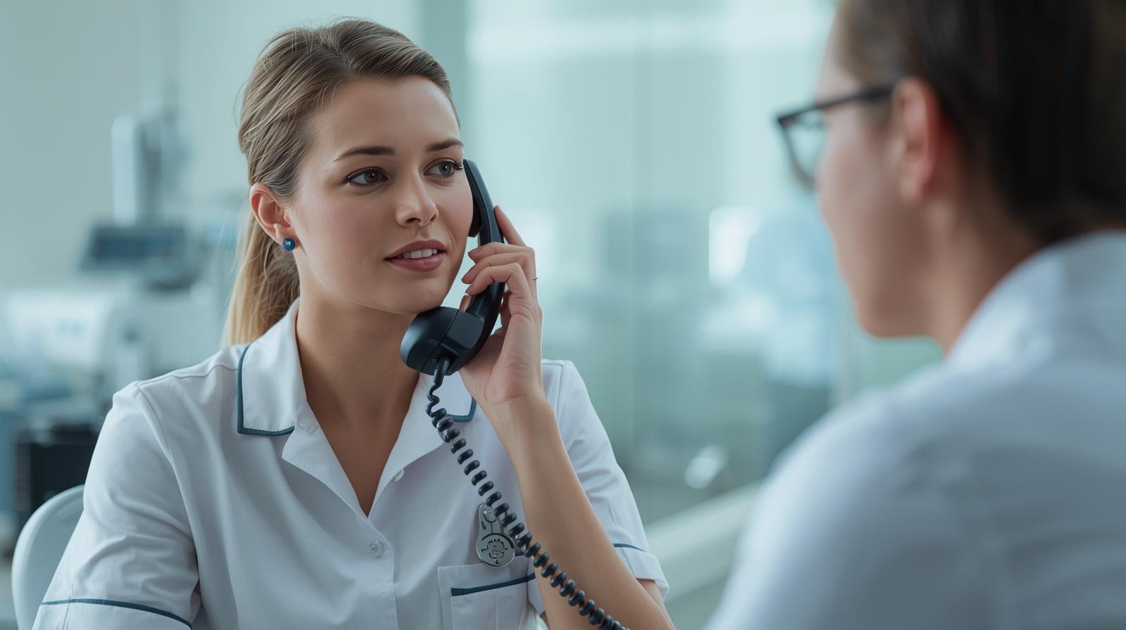 infirmière au téléphone avec le service info santé 811 – mise en scène d’une conseillère médicale qui oriente un patient par appel.