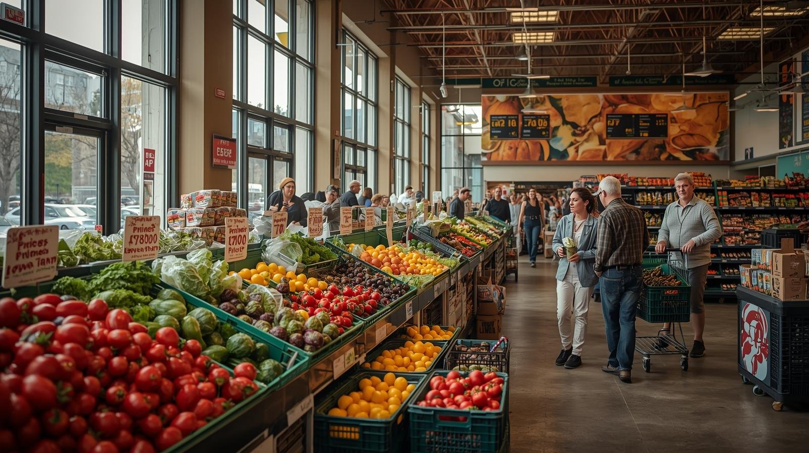  intérieur d’une épicerie communautaire au québec, avec des produits frais proposés à prix réduit pour les familles à faible revenu.