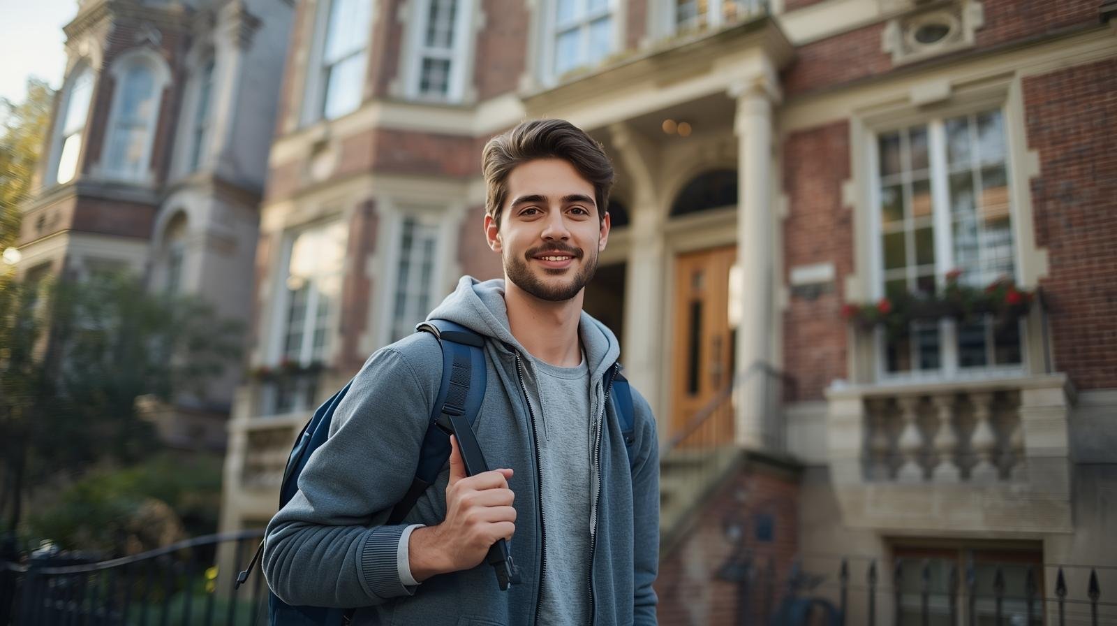 jeune étudiant avec un sac à dos devant un appartement au québec