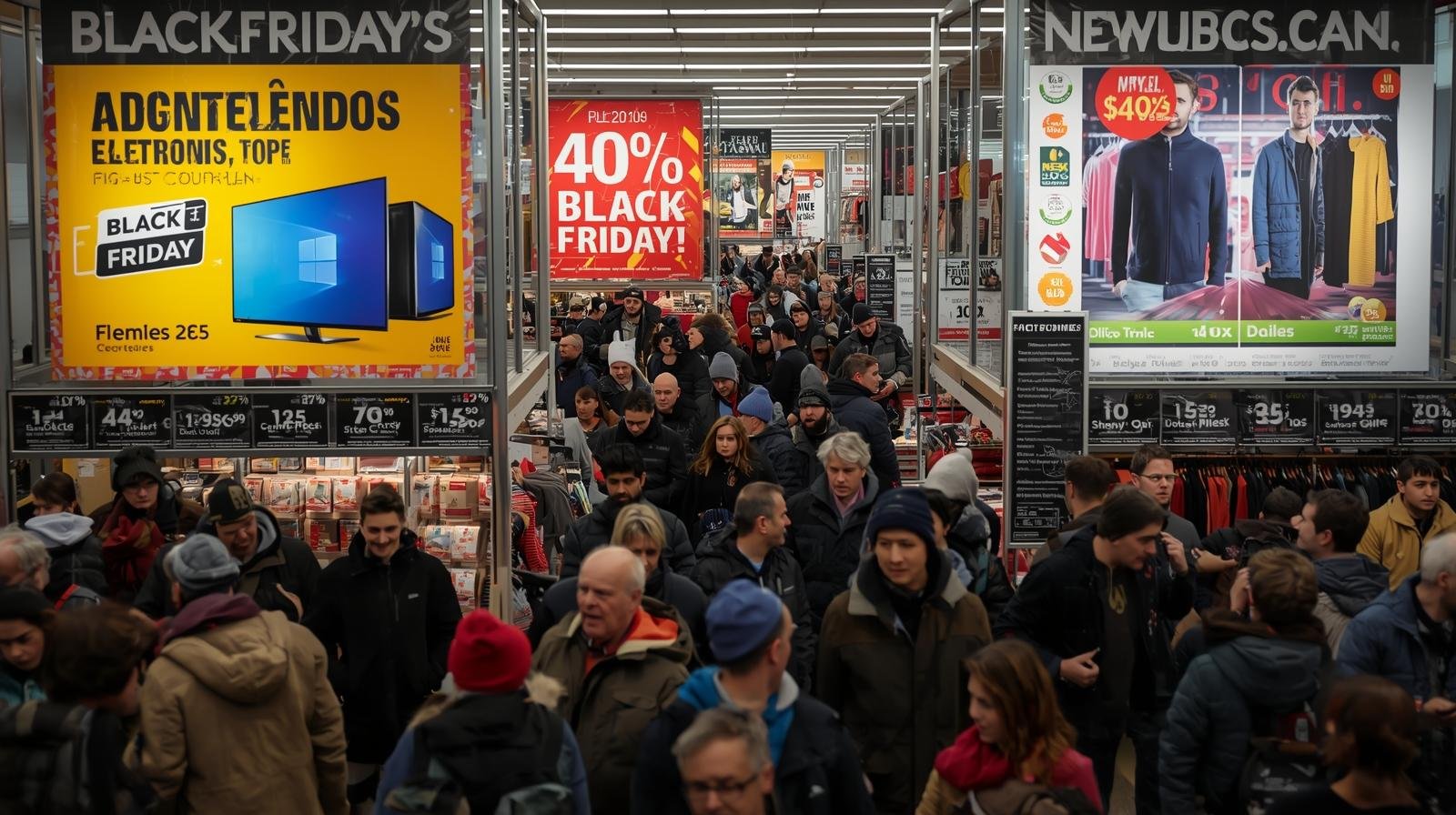 magasins bondés au québec pendant le black friday, avec de grandes affiches de rabais sur l’électronique et les vêtements (1)