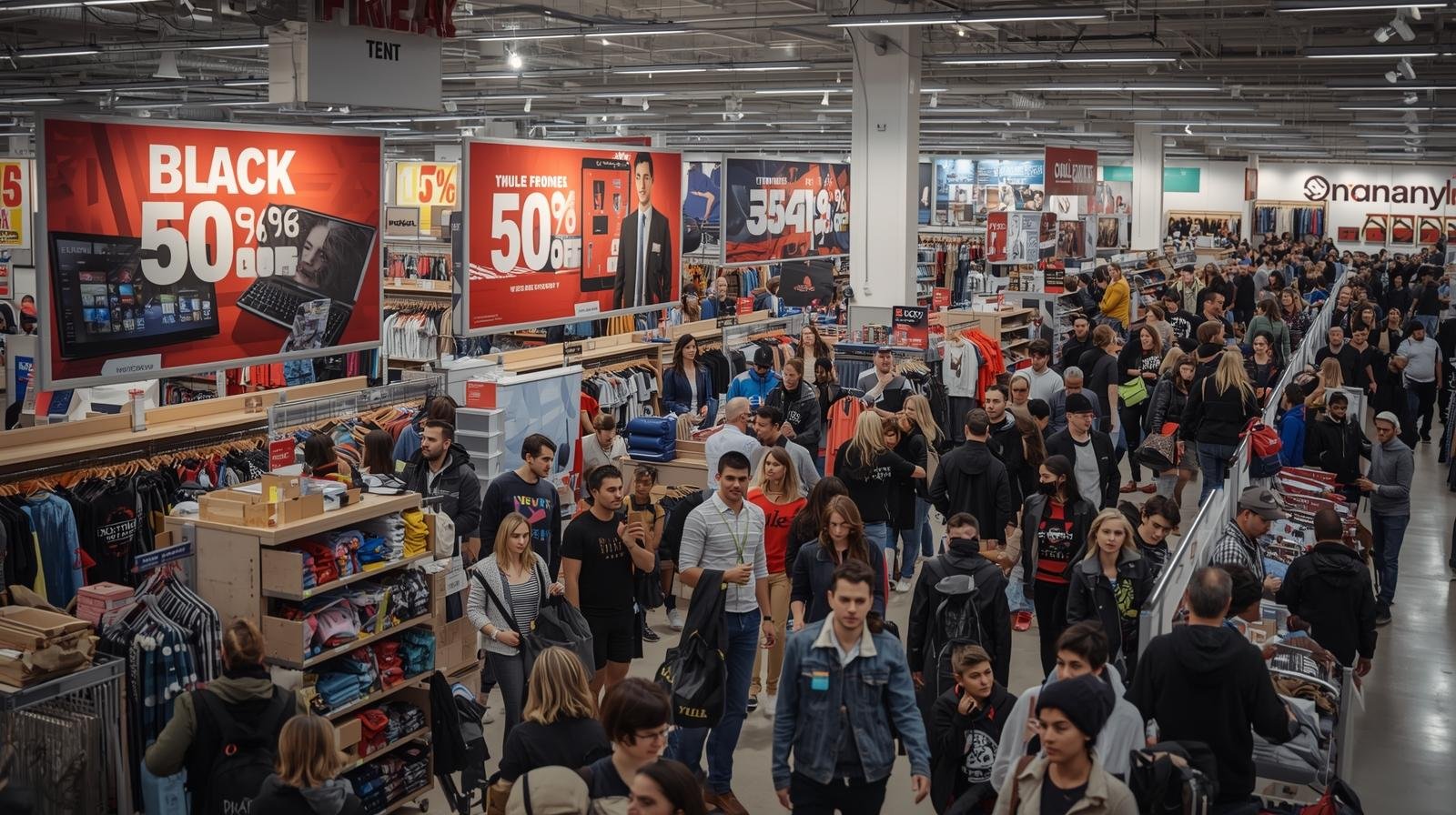 magasins bondés au québec pendant le black friday, avec de grandes affiches de rabais sur l’électronique et les vêtements (2)