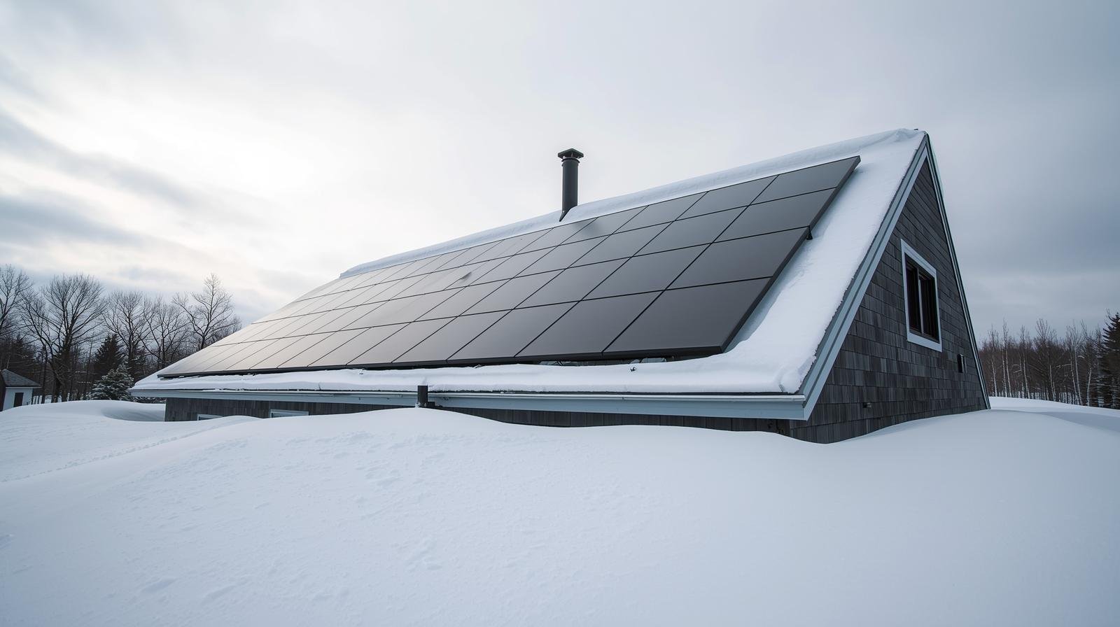 panneaux solaires installés sur un toit enneigé au québec – alternative pour produire sa propre électricité.