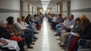 patients assis dans une longue salle d’attente d’urgence au québec, illustrant les longues heures d’attente pour des problèmes de santé mineurs.