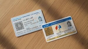 permis de conduire marocain et français posés sur une table, prêts à être échangés contre un permis québécois
