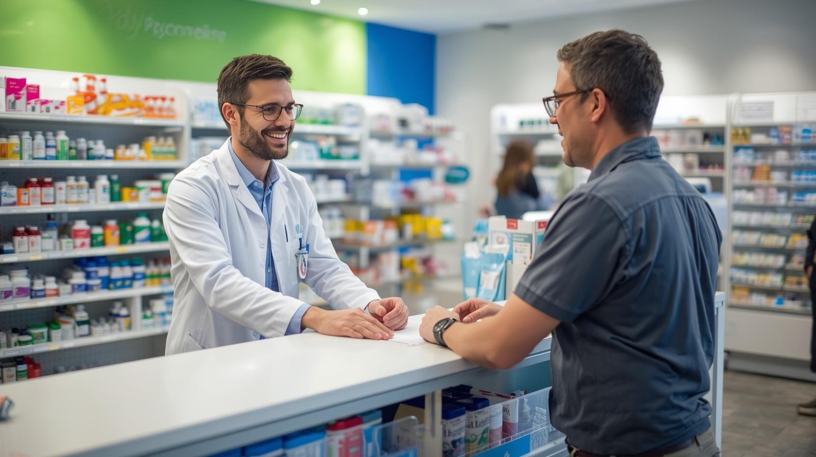 pharmacien au comptoir conseillant un client – exemple concret de l’alternative aux urgences pour des soins mineurs.