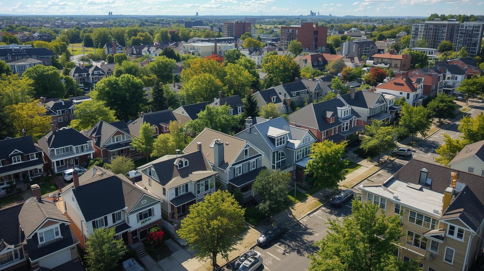 quartier résidentiel au québec illustrant la diversité des logements et les défis du marché immobilier pour les nouveaux arrivants.