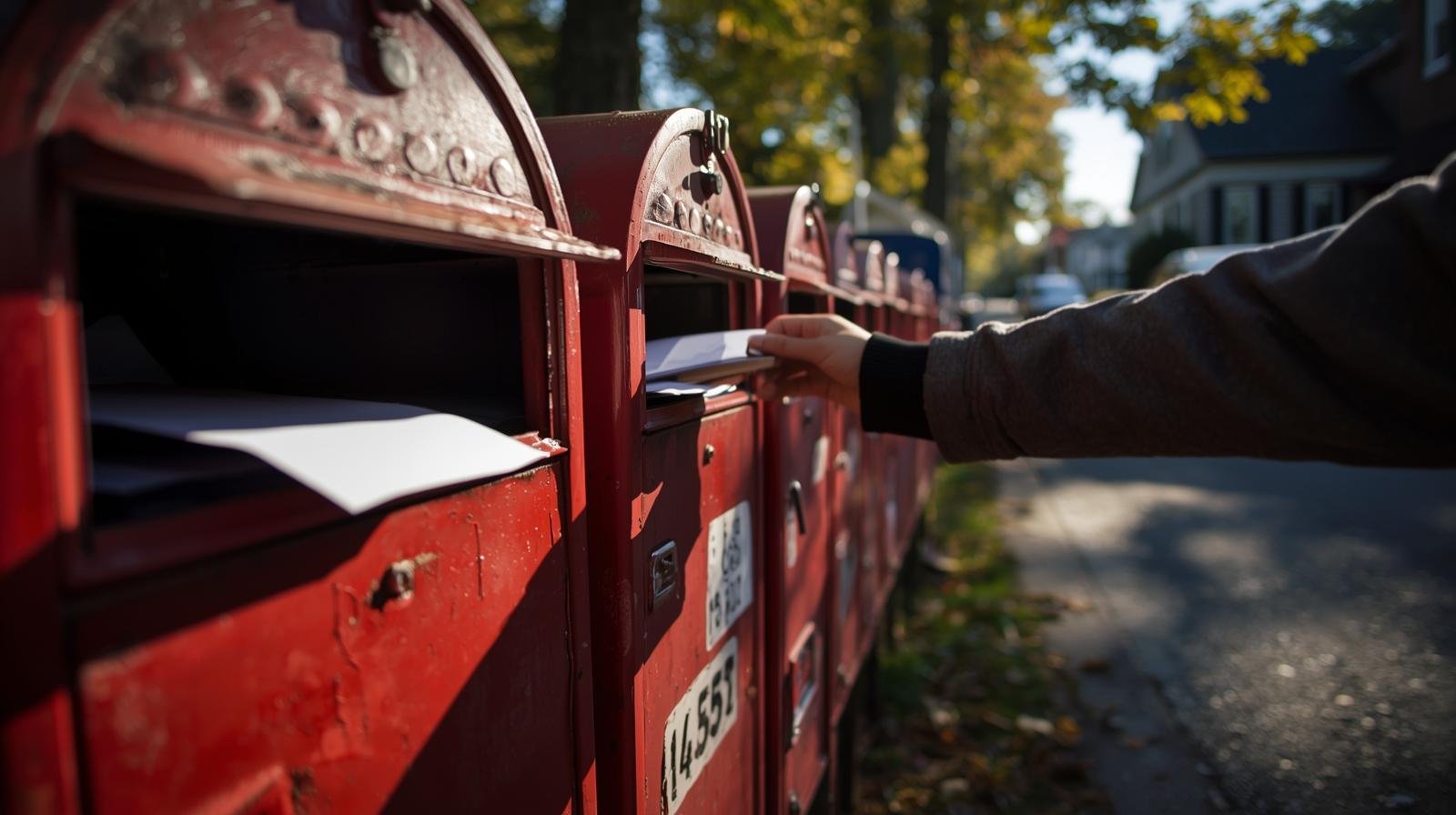 rangée de boîtes postales communautaires dans une rue résidentielle du québec avec des lettres et colis déposés