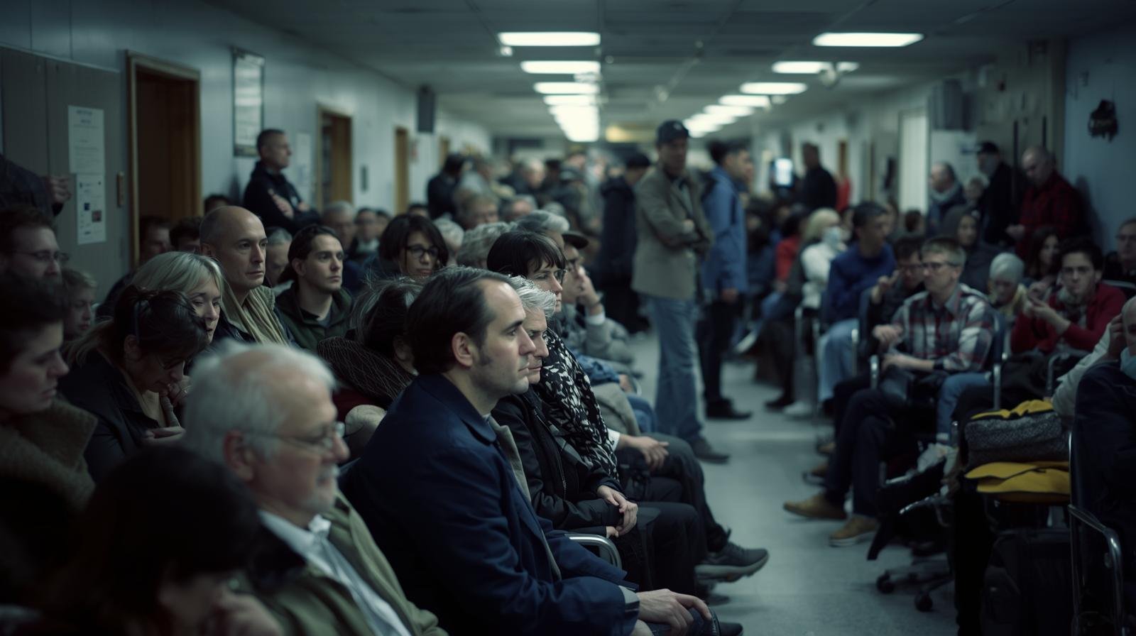 salle d’attente bondée dans un service d’urgences au québec – patients assis, longue file d’attente, illustrant les délais fréquents dans les hôpitaux.