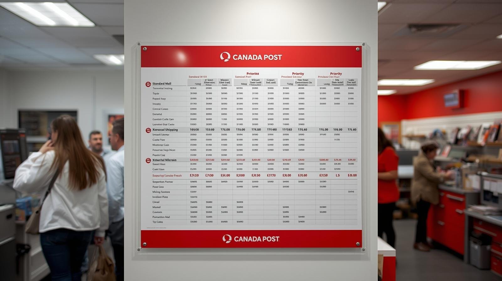 tableau des tarifs postes canada affiché à l’intérieur d’un bureau de poste, montrant les options standard, xpresspost et priority