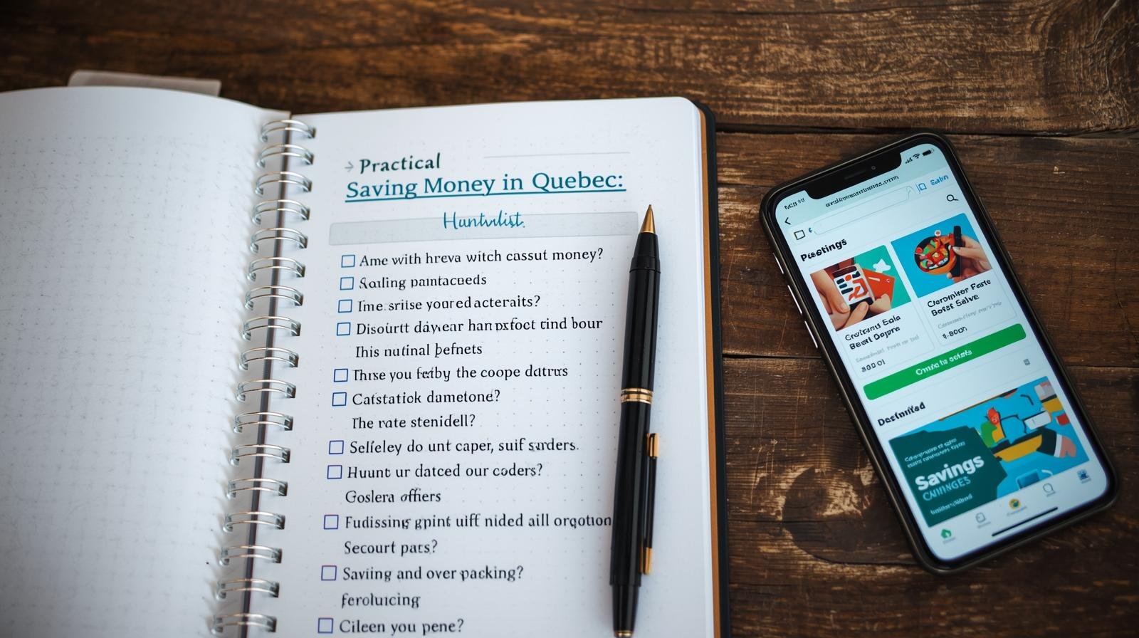 un carnet ouvert avec une check list de stratégies pour économiser de l’argent au québec, accompagné d’un stylo et d’un smartphone affichant des offres et codes promo en ligne. (1)