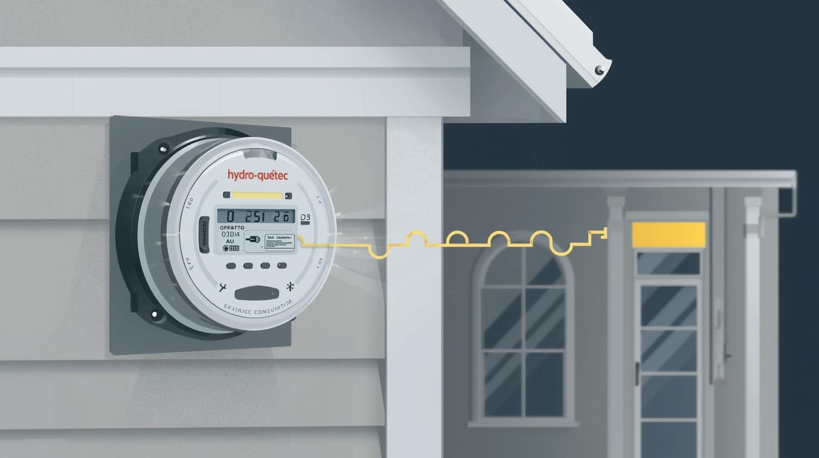 un compteur intelligent d’hydro québec installé sur la façade d’une maison – illustration du suivi de consommation électrique.
