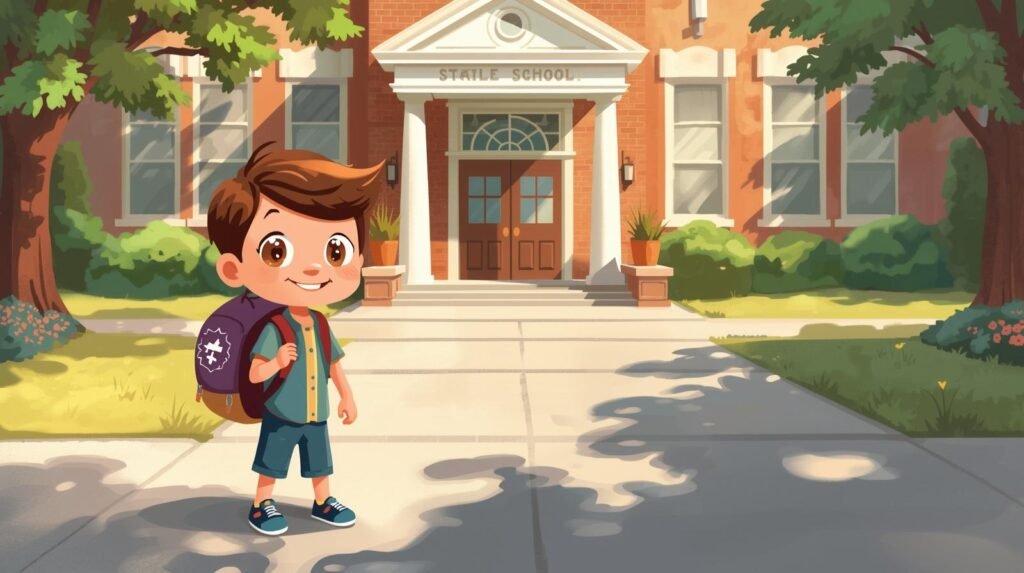 un élève nouvellement arrivé au québec prêt pour sa première journée d’école primaire. (1)