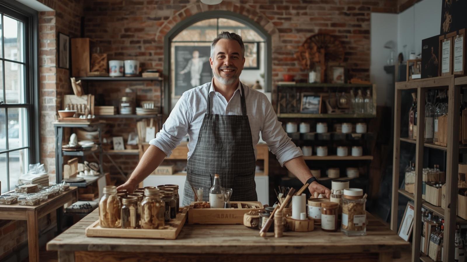 un entrepreneur francophone présentant ses produits dans une petite boutique au québec, représentant la réussite d’une micro entreprise locale. (1)