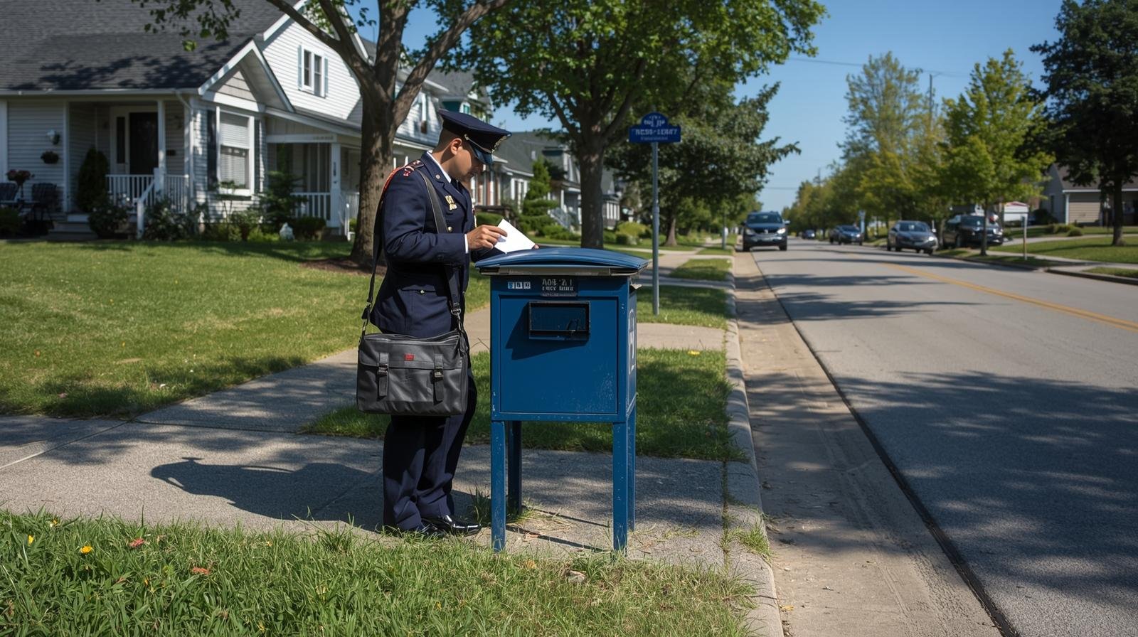 un facteur québécois en uniforme déposant du courrier dans une boîte communautaire dans un quartier résidentiel au québec (1)