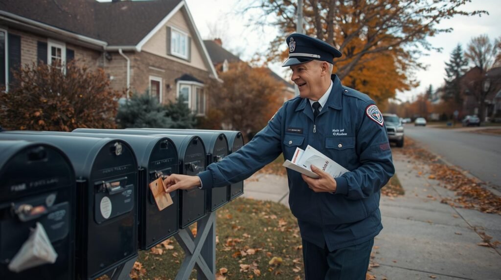 un facteur québécois en uniforme déposant du courrier dans une boîte communautaire dans un quartier résidentiel au québec