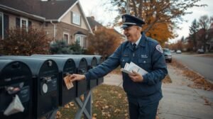 un facteur québécois en uniforme déposant du courrier dans une boîte communautaire dans un quartier résidentiel au québec