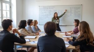 un groupe de nouveaux arrivants assis autour d’une table, suivant un cours de français avec un professeur qui écrit sur un tableau blanc. (1)