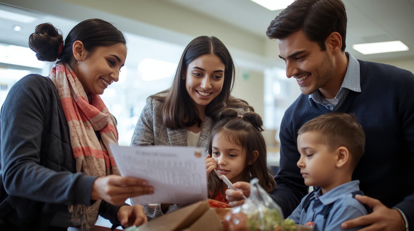 un travailleur social montrant à une famille comment remplir un formulaire d’inscription pour un comptoir alimentaire local.
