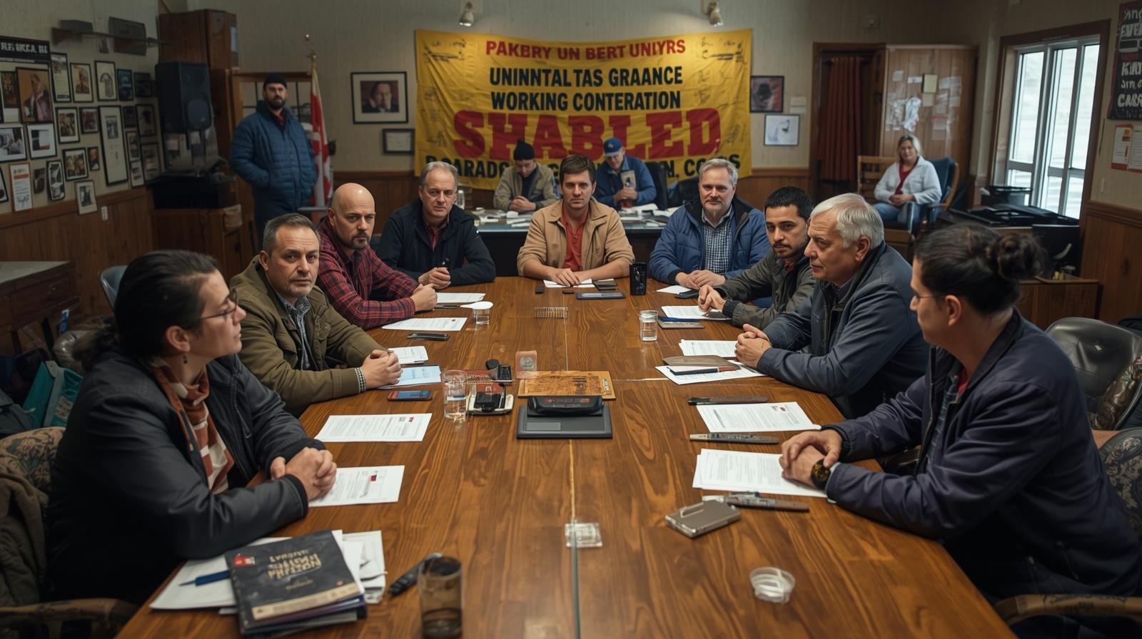une assemblée de travailleurs québécois réunis autour d’une table, discutant de leurs droits et conditions de travail au sein d’un syndicat. (1)