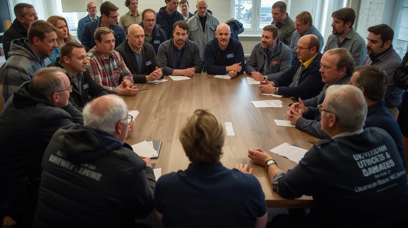 une assemblée de travailleurs québécois réunis autour d’une table, discutant de leurs droits et conditions de travail au sein d’un syndicat.