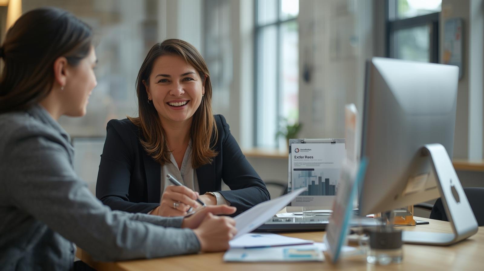 une conseillère aide un immigrant à remplir des formulaires administratifs dans un centre d’accueil moderne, avec des brochures et un ordinateur sur la table. (2)