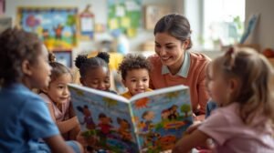 une éducatrice qui lit une histoire à un groupe d’enfants (1)