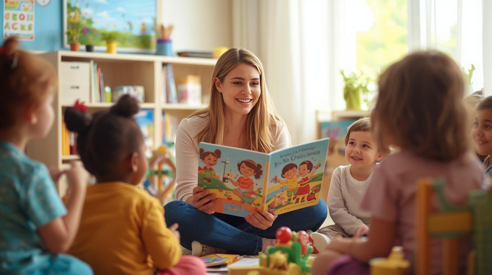 une éducatrice qui lit une histoire à un groupe d’enfants