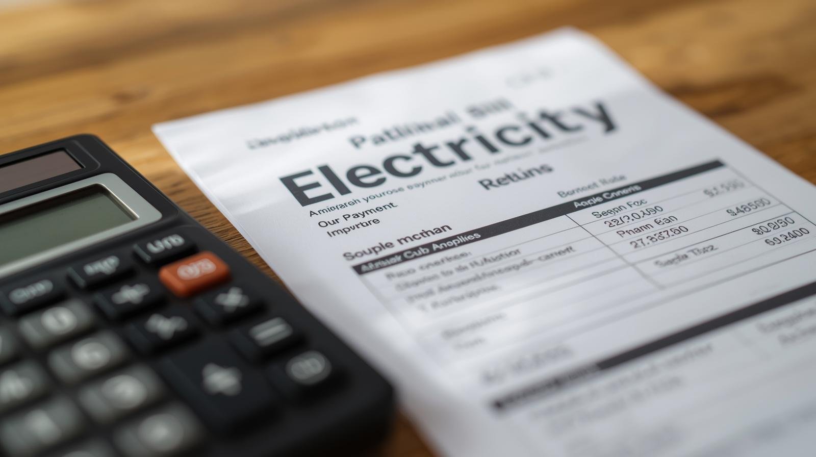 une facture d’électricité posée sur une table avec une calculatrice – explication des tarifs et modes de paiement. (1)