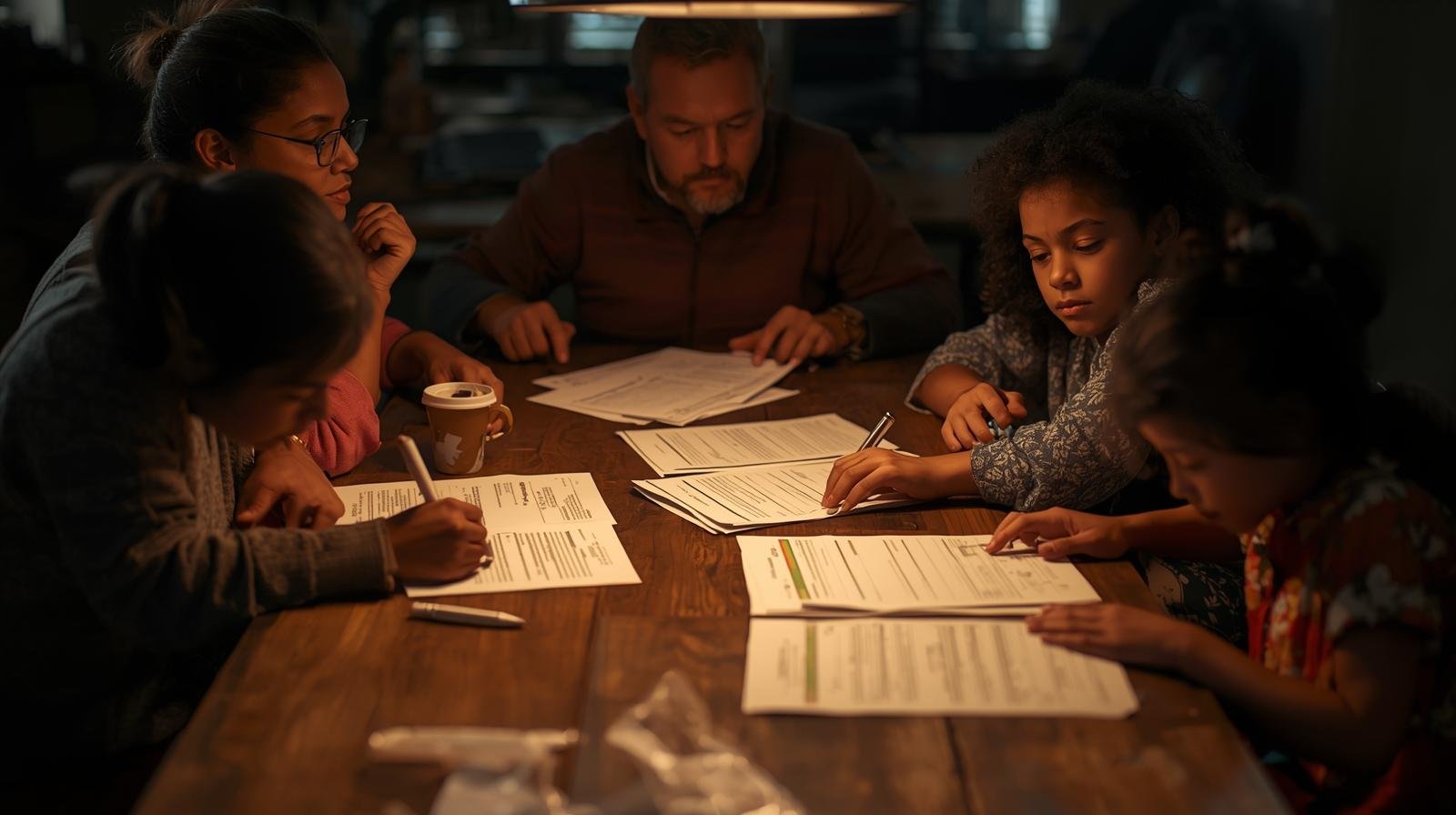 une famille rassemblant ses documents officiels sur une table, prêts pour l’inscription à un programme d’aide alimentaire.