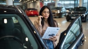une personne examine différents modèles de voitures dans un concessionnaire québécois, comparant les options pour choisir le véhicule adapté à ses besoins et à son budget. (2)