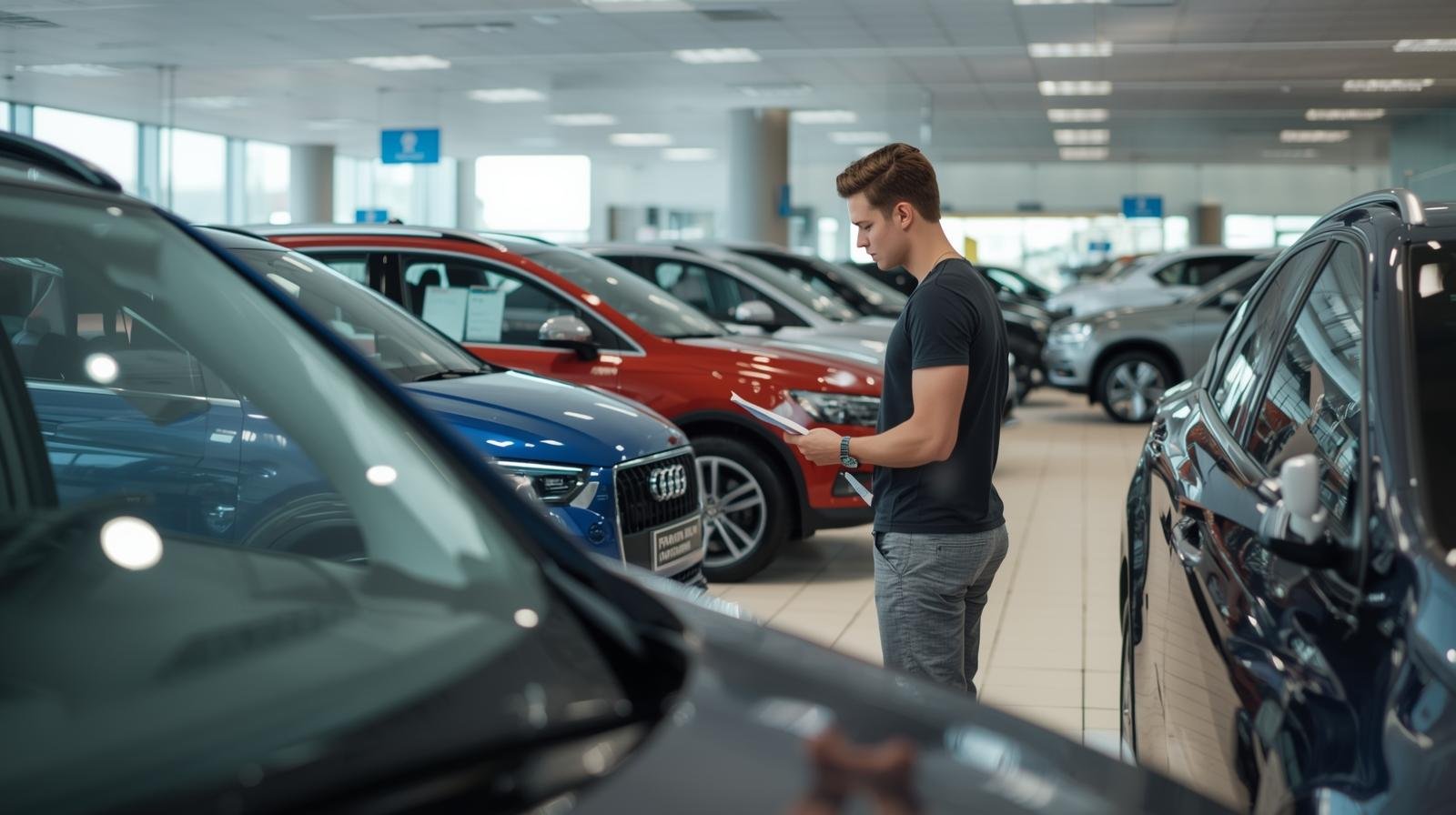 une personne examine différents modèles de voitures dans un concessionnaire québécois, comparant les options pour choisir le véhicule adapté à ses besoins et à son budget.