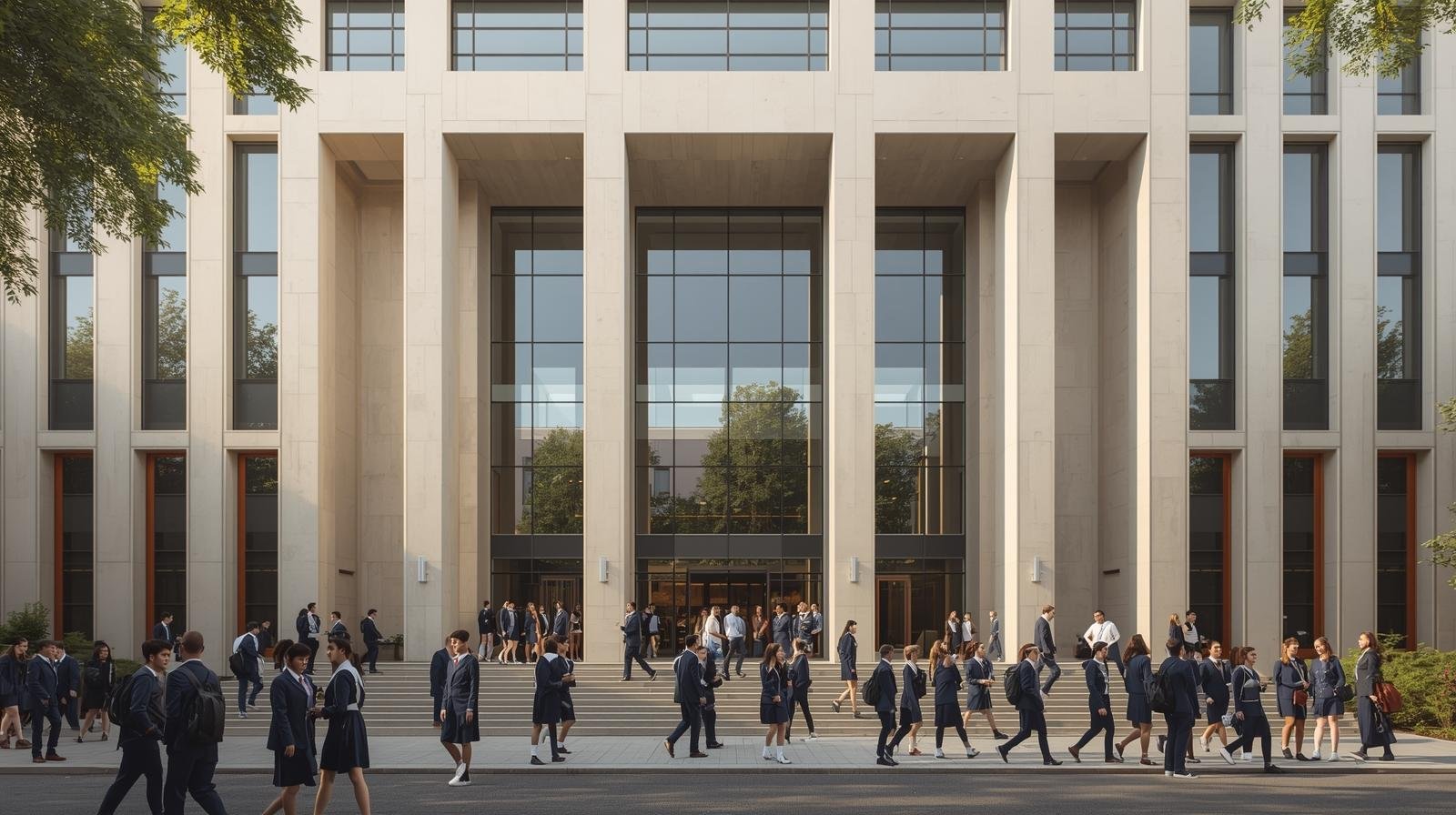 bâtiment moderne avec façade élégante et élèves en uniforme.