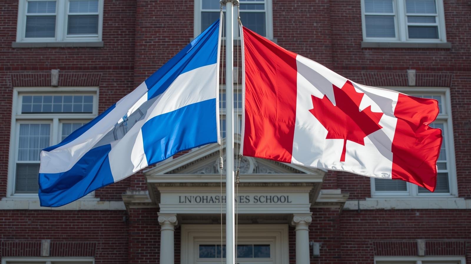 drapeaux du québec et du canada côte à côte devant une école