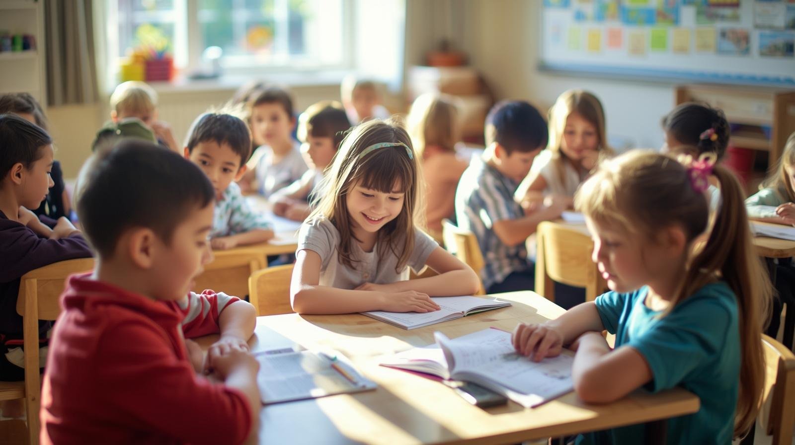  enfants lisant et travaillant en groupe dans un espace lumineux.
