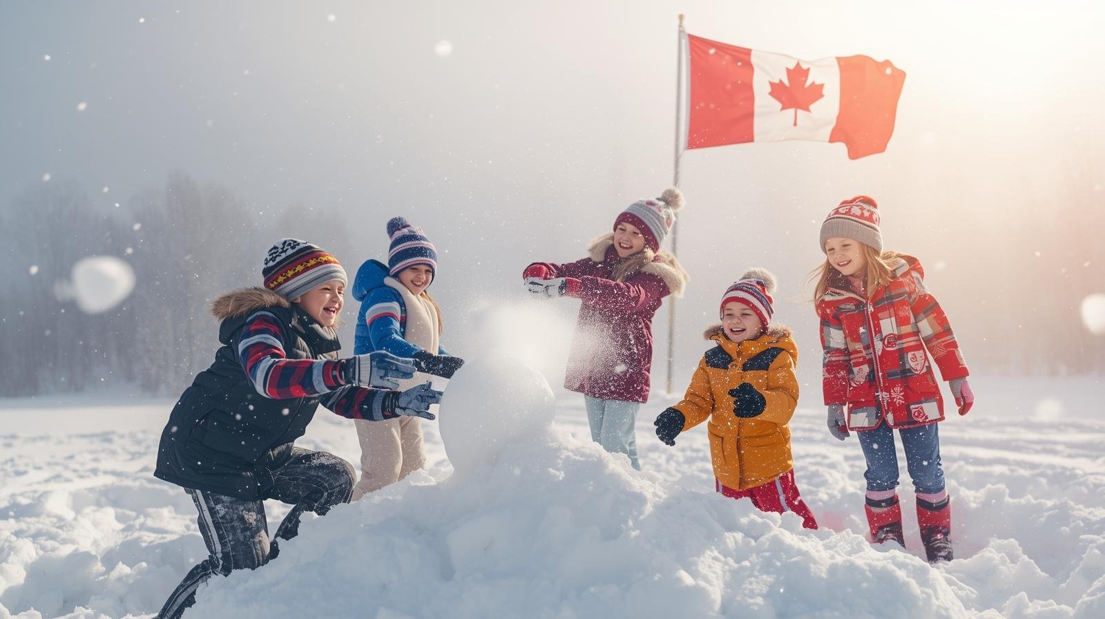 des enfants jouant dans la neige avec un drapeau du québec à l’arrière plan.