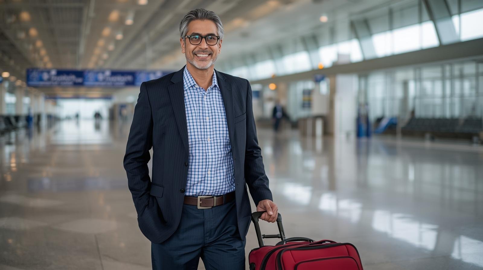 homme d’une quarantaine d’années à l’aéroport, prêt à entamer un nouveau départ vers le québec.